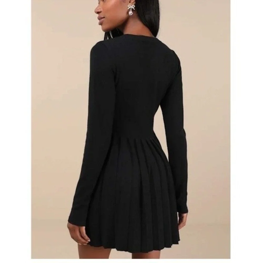 Lulus Black Ribbed Knit Button Front Pleated Skirt Dress Size M - Picture 10 of 15